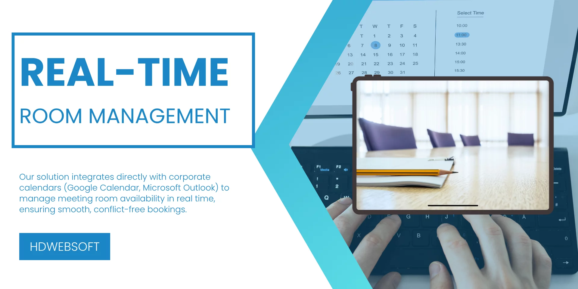 Integrated with both Google APIs and Microsoft Graph API, the meeting room management feature synchronizes directly with corporate calendars like Google Calendar and Microsoft Outlook.